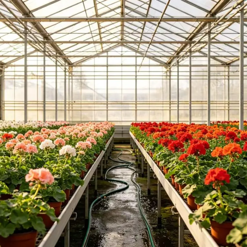 Serre à plusieurs travées pour la culture de fleurs